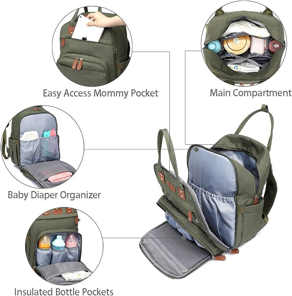 Diaper Bag Backpack, Green, with Changing Pad, 16.5X8X12 Inches, Large Capacity, 18 Pockets, Waterproof, for Baby Girl Boy
