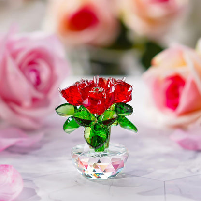 Red Crystal Rose Bouquet Flowers Figurines Ornament with Gift Box