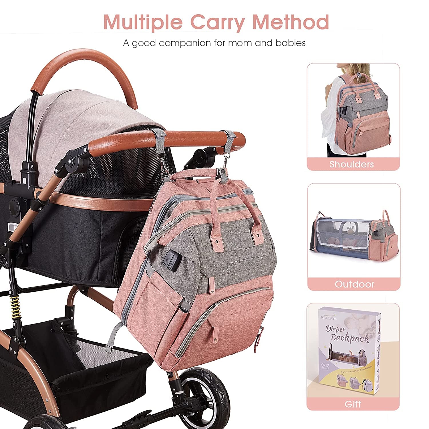 Diaper Bag Backpack, Baby Diaper Bags, Baby Shower Gifts, with Portable Diaper Pad