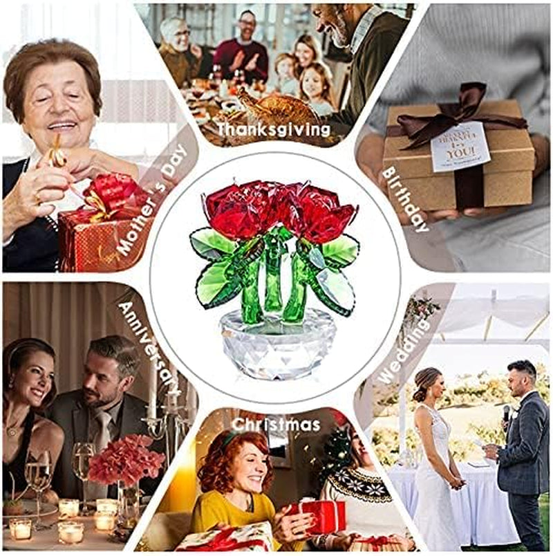 Red Crystal Rose Bouquet Flowers Figurines Ornament with Gift Box