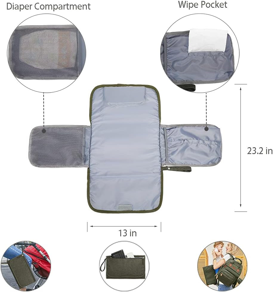 Diaper Bag Backpack, Green, with Changing Pad, 16.5X8X12 Inches, Large Capacity, 18 Pockets, Waterproof, for Baby Girl Boy
