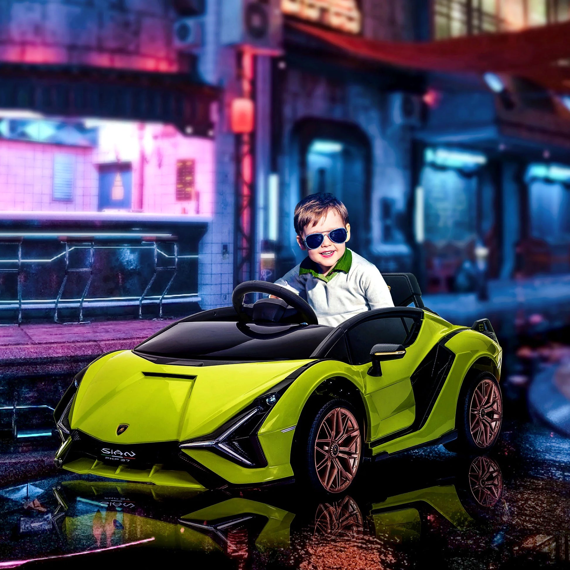 12V Ride on Car, Lamborghini SIAN Licensed Battery Powered Electric Car for Kids with Remote Control, Horn, Music, & Headlights, Green