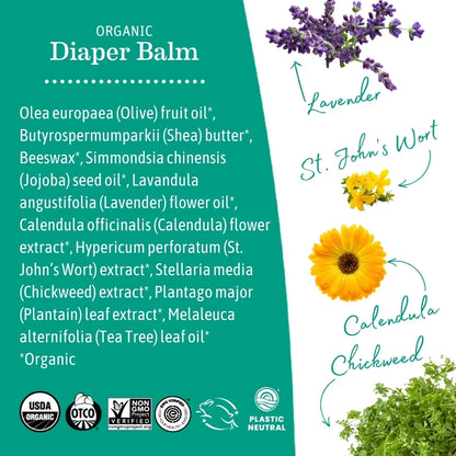 Organic Diaper Balm, Diaper Cream for Newborns, Infants, & Toddlers, 2 Fl Oz.
