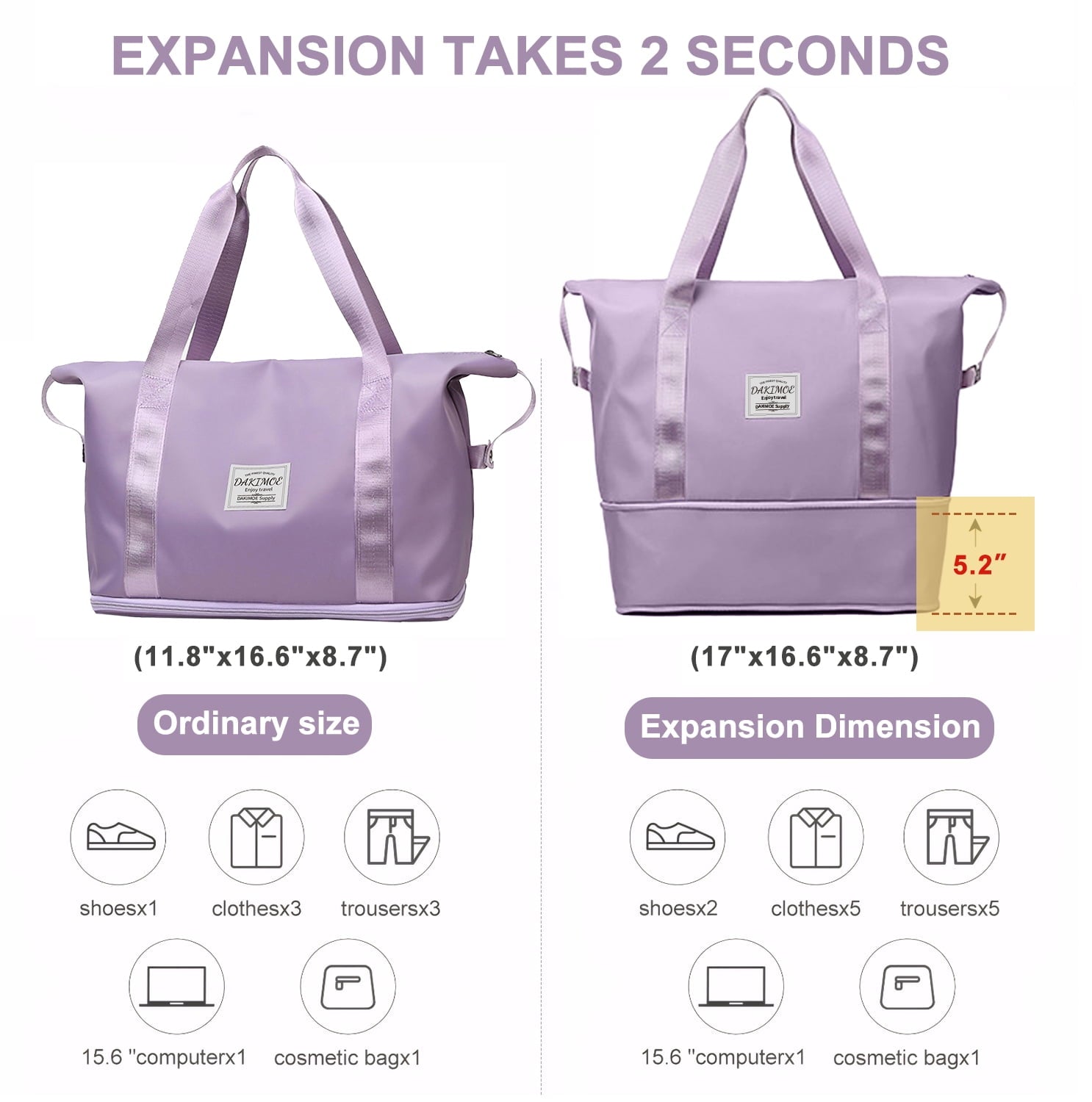 Weekender Bags for Women, Travel Bag Carry on Gym Bag, Travel Duffle Bag with Wet Dry Pocket/Front Phone Pocket/Trolley Sleeve Pocket, Purple