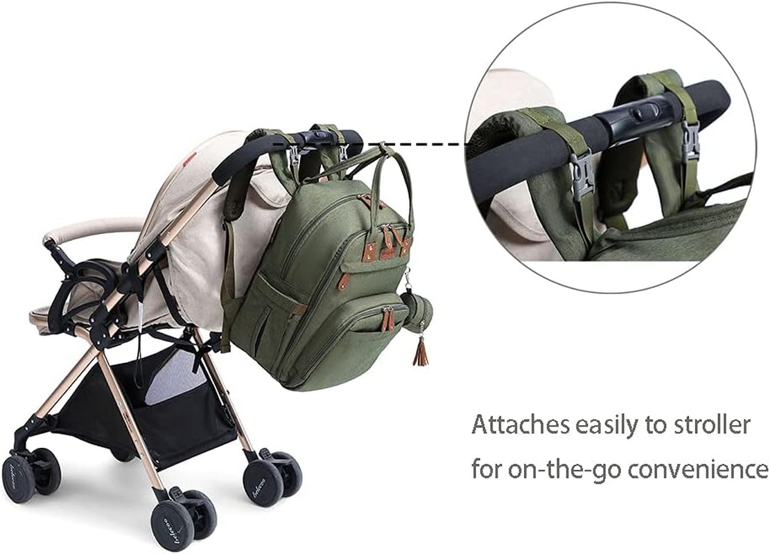 Diaper Bag Backpack, Green, with Changing Pad, 16.5X8X12 Inches, Large Capacity, 18 Pockets, Waterproof, for Baby Girl Boy