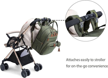 Diaper Bag Backpack, Green, with Changing Pad, 16.5X8X12 Inches, Large Capacity, 18 Pockets, Waterproof, for Baby Girl Boy
